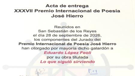 Imagen Eduardo López Feoli gana el Premio Internacional de Poesía José Hierro...