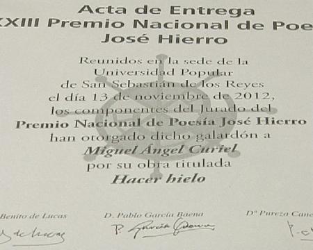 Imagen Miguel Ángel Curiel, Premio Nacional de Poesía José Hierro 2012